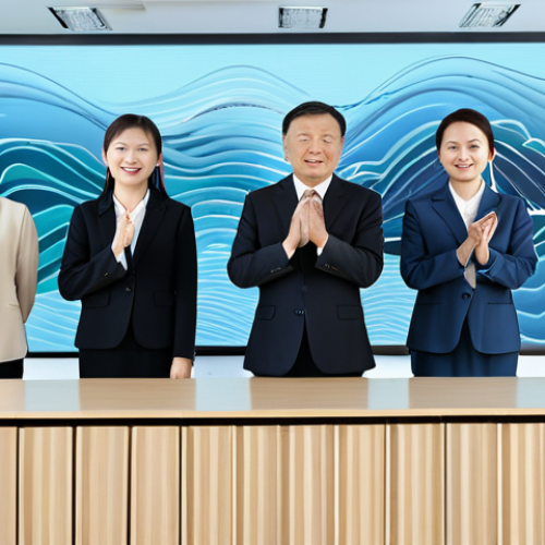A diverse group of professional individuals from various Chinese regions, fully clothed, in modest business attire. They are standing in a bright, modern, minimalist conference hall, with abstract visual elements symbolizing diverse sound waves and interconnected linguistic communication in the background. The scene is captured with perfect anatomy, correct proportions, natural poses, well-formed hands, proper finger count, and natural body proportions. This is a professional photograph, safe for work, appropriate content, high quality, realistic rendering, sharp focus, and vibrant colors.