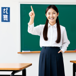 **

A friendly Asian teacher in a classroom setting, pointing to a whiteboard covered in Korean grammar examples. She is fully clothed in professional attire (e.g., blouse and skirt or pants), smiling warmly. The classroom is bright and well-organized. Focus on perfect anatomy and natural proportions. safe for work, appropriate content, professional, family-friendly. Include the text "错题本" (cuò tí běn) subtly on a student's desk.

**