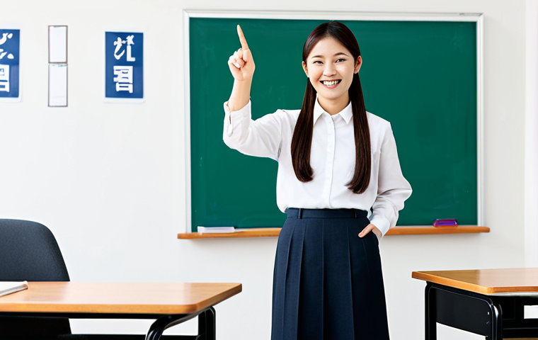 **

A friendly Asian teacher in a classroom setting, pointing to a whiteboard covered in Korean grammar examples. She is fully clothed in professional attire (e.g., blouse and skirt or pants), smiling warmly. The classroom is bright and well-organized. Focus on perfect anatomy and natural proportions. safe for work, appropriate content, professional, family-friendly. Include the text "错题本" (cuò tí běn) subtly on a student's desk.

**