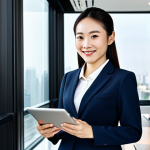 **

A professional Chinese businesswoman in a modern, modest business suit, standing in a bright and airy office with a cityscape view. She is holding a tablet and smiling confidently. Fully clothed, appropriate attire, safe for work, perfect anatomy, natural proportions, professional photography, high quality, family-friendly.

**