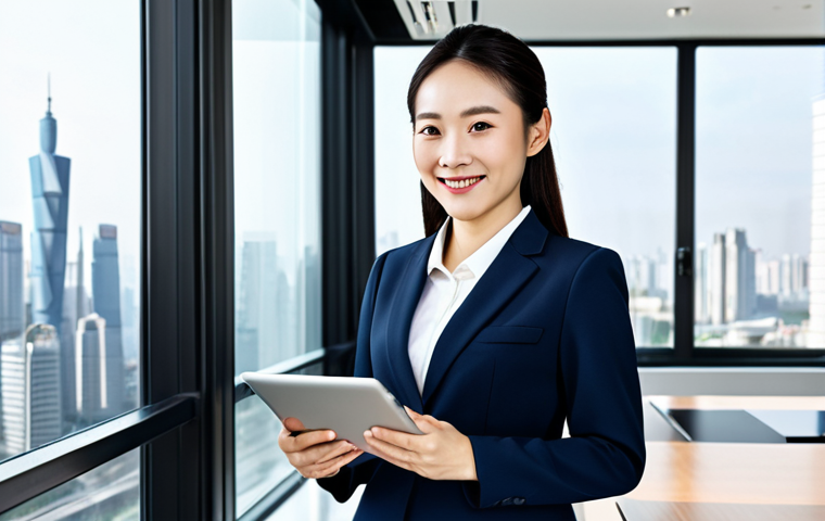 **

A professional Chinese businesswoman in a modern, modest business suit, standing in a bright and airy office with a cityscape view. She is holding a tablet and smiling confidently. Fully clothed, appropriate attire, safe for work, perfect anatomy, natural proportions, professional photography, high quality, family-friendly.

**