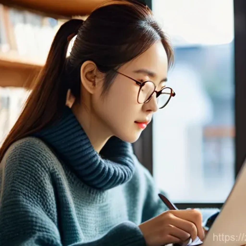 국어 어휘력 평가 기준 - **Prompt:** A young, determined female student in her early twenties, with long, neatly tied brown h...