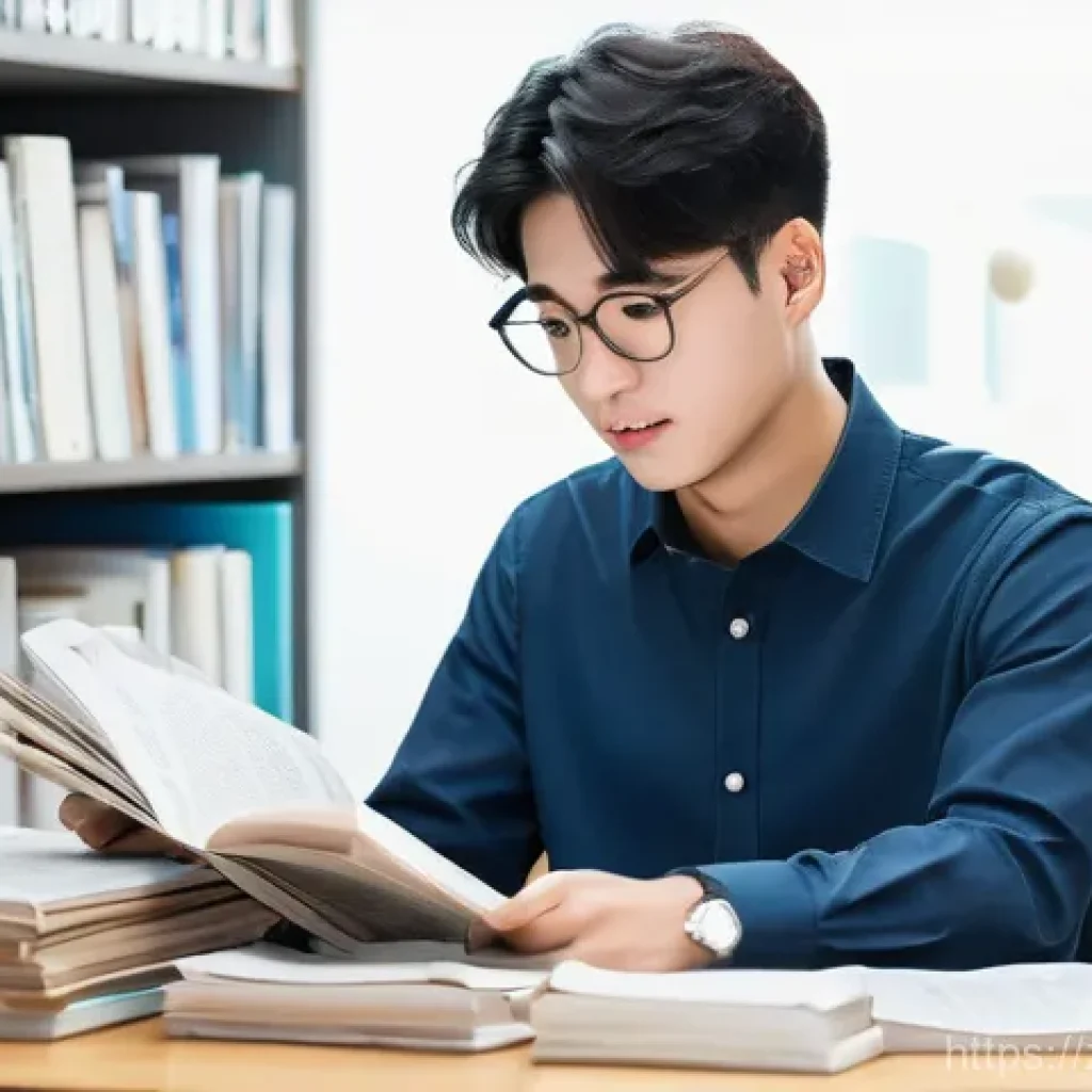 국어 독해력 강화를 위한 속독법 - **Prompt:** A young adult (18-25 years old) seated at a well-lit study desk, initially looking overw...