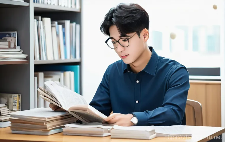 국어 독해력 강화를 위한 속독법 - **Prompt:** A young adult (18-25 years old) seated at a well-lit study desk, initially looking overw...