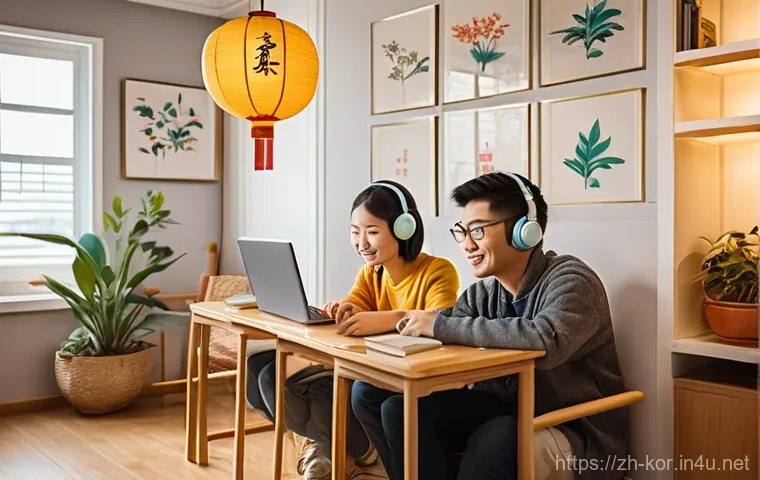 국어 학습에서의 스토리텔링 기법 - **Prompt:** A cozy and brightly lit study room. A diverse group of young adults and teenagers are de...