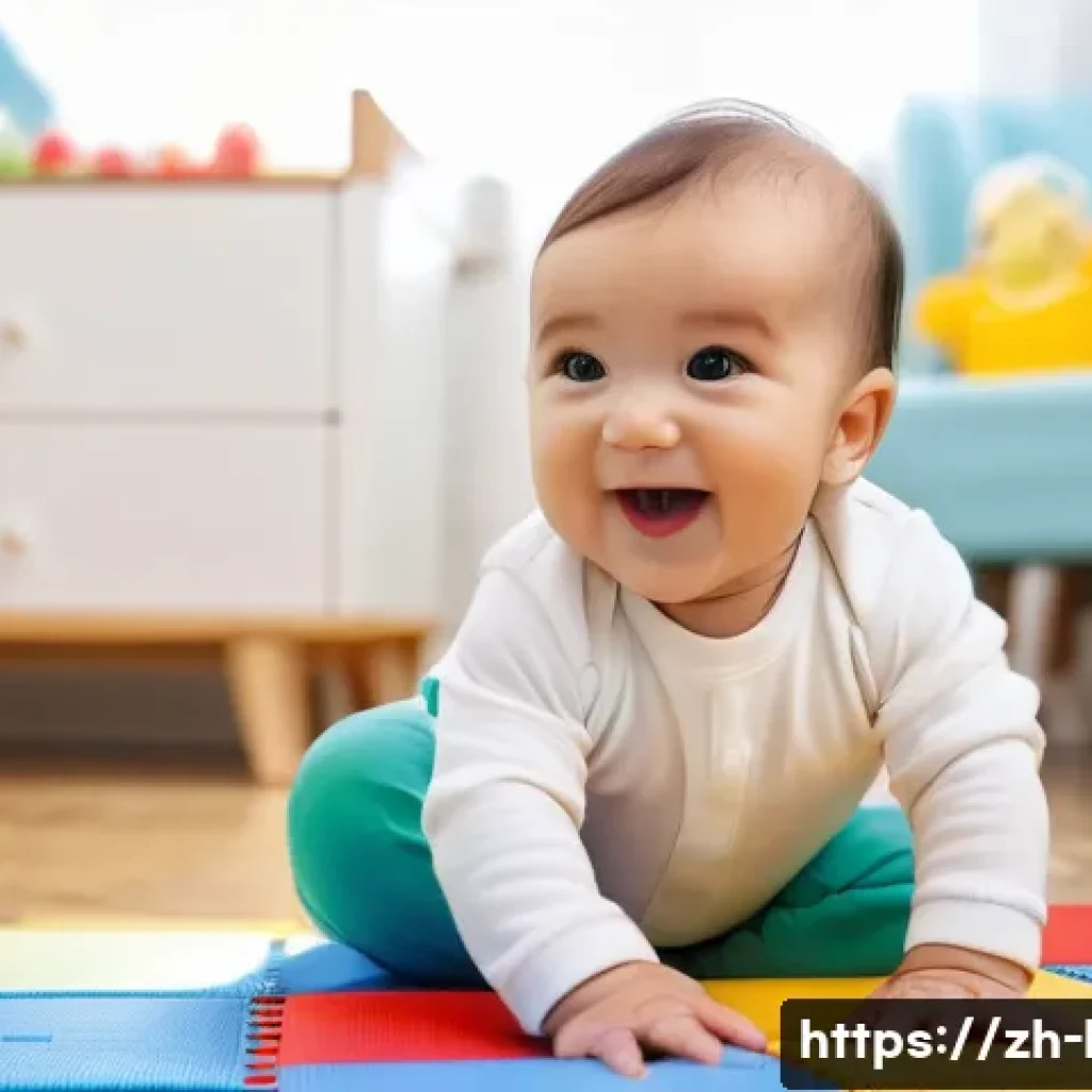 국어 독해력 향상 비법 - A cheerful baby, approximately 12 months old, is sitting upright on a colorful, soft playmat. The ba...