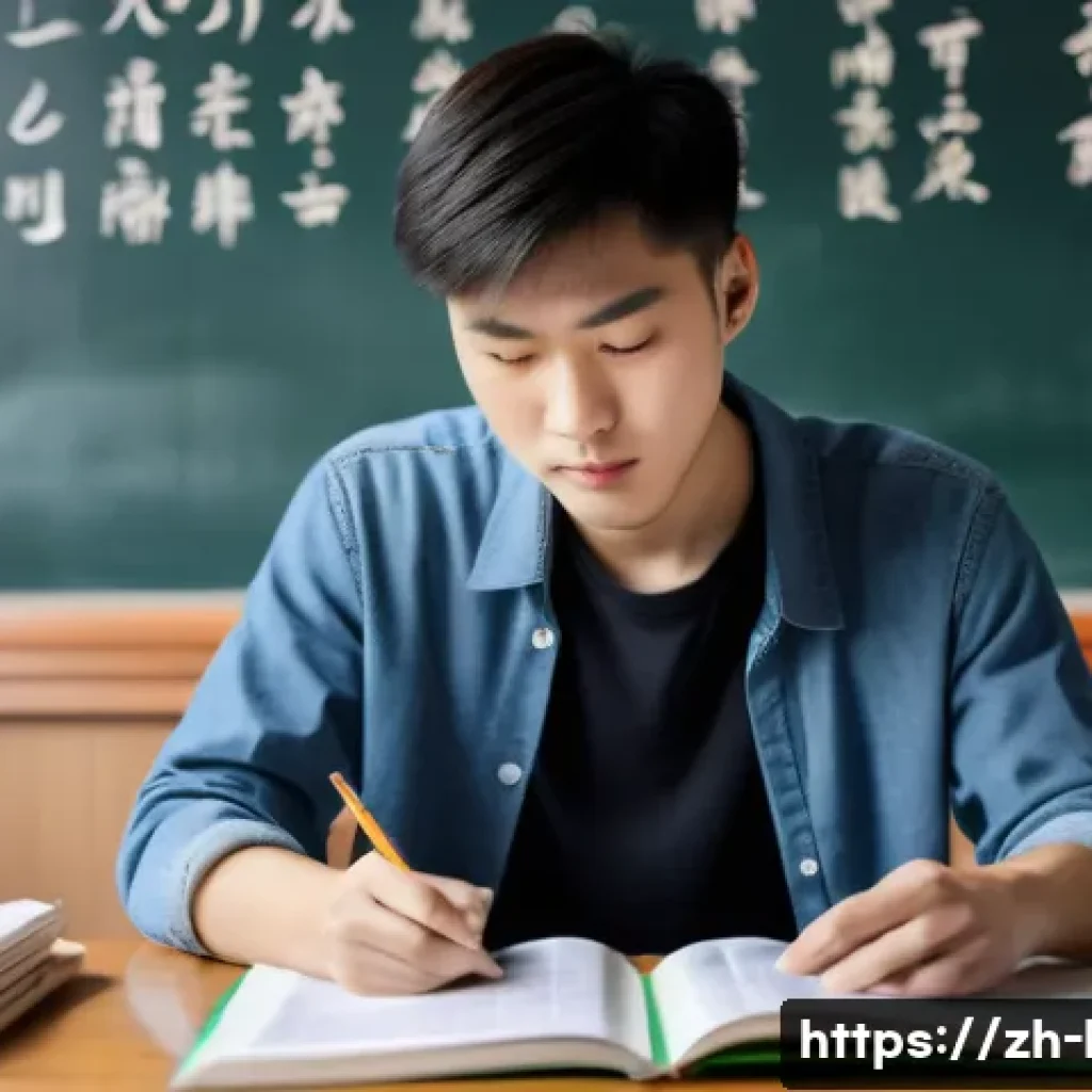 공무원 국어 시험 대비 - A modern Chinese classroom scene featuring a focused young adult student sitting at a desk, surround...
