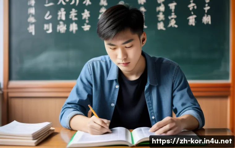 공무원 국어 시험 대비 - A modern Chinese classroom scene featuring a focused young adult student sitting at a desk, surround...