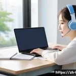 국어 학습에서의 코퍼스 활용 - A modern Korean language learner’s study environment showing a young adult sitting at a clean desk w...