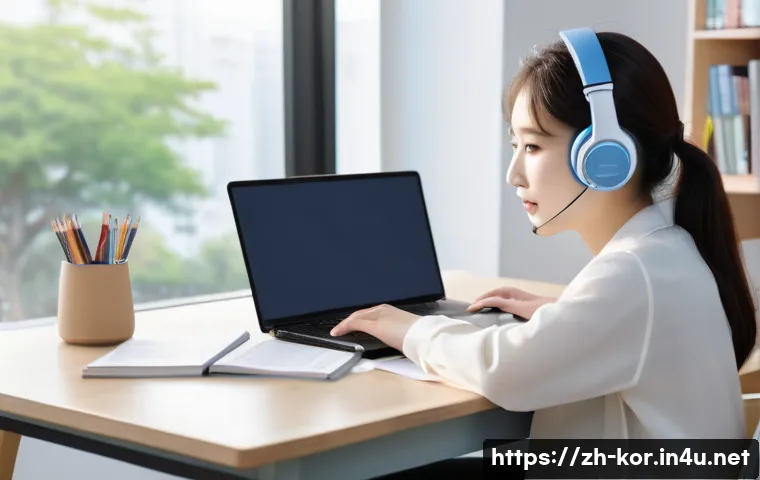 국어 학습에서의 코퍼스 활용 - A modern Korean language learner’s study environment showing a young adult sitting at a clean desk w...