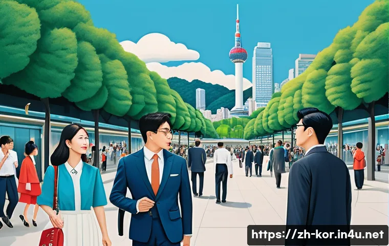 국어 문법의 지역별 차이 분석 - A vibrant scene depicting a Seoul urban setting with diverse people engaging in formal conversation ...