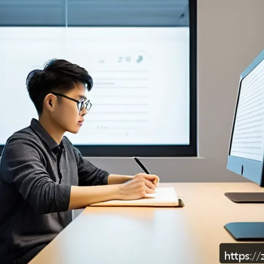 국어 속독 연습법 - A modern study room scene featuring a focused young adult practicing speed reading with a wide text ...