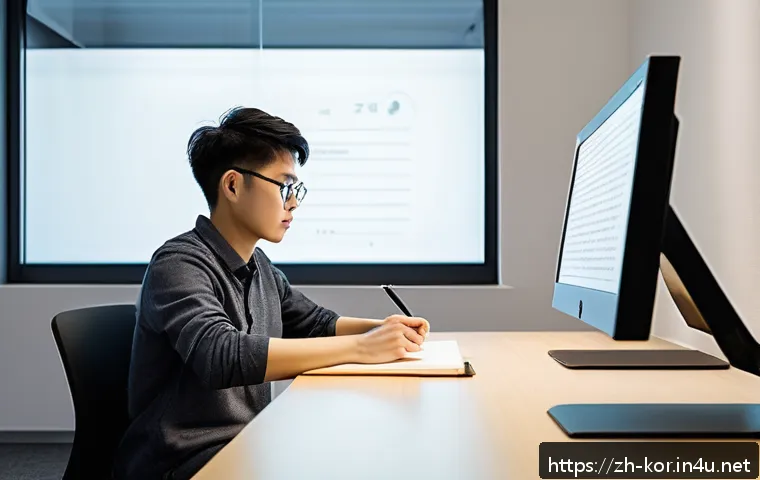 국어 속독 연습법 - A modern study room scene featuring a focused young adult practicing speed reading with a wide text ...