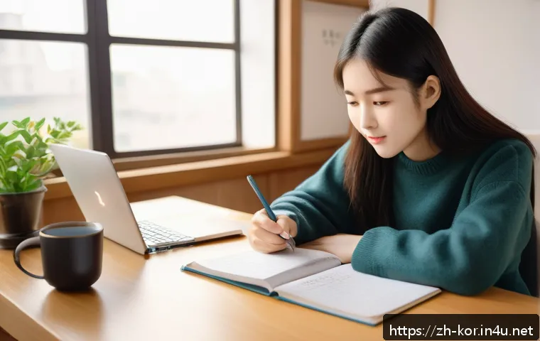 국어 문법 지도법 - A cozy study room scene featuring a young adult female student practicing Korean grammar with textbo...