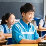 국어 교육에서의 소크라테스식 질문법 - A modern Chinese classroom scene with diverse students actively engaging in a group discussion, seat...