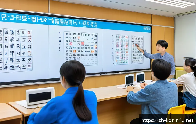 한글 맞춤법 최신 개정안 - A modern classroom scene featuring a diverse group of adult Korean language learners sitting at desk...