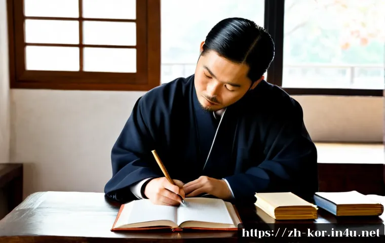 국어와 철학의 관계 - Photorealistic university study scene showing an East Asian language scholar and a philosopher seate...
